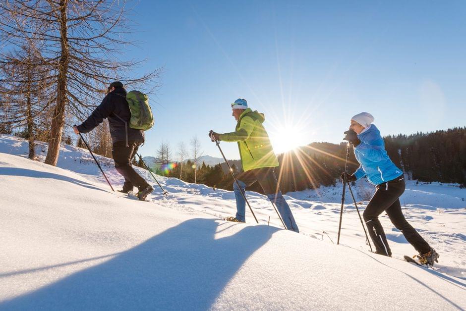Drei Personen beim Schneeschuhwandern im sonnigen Winterwald